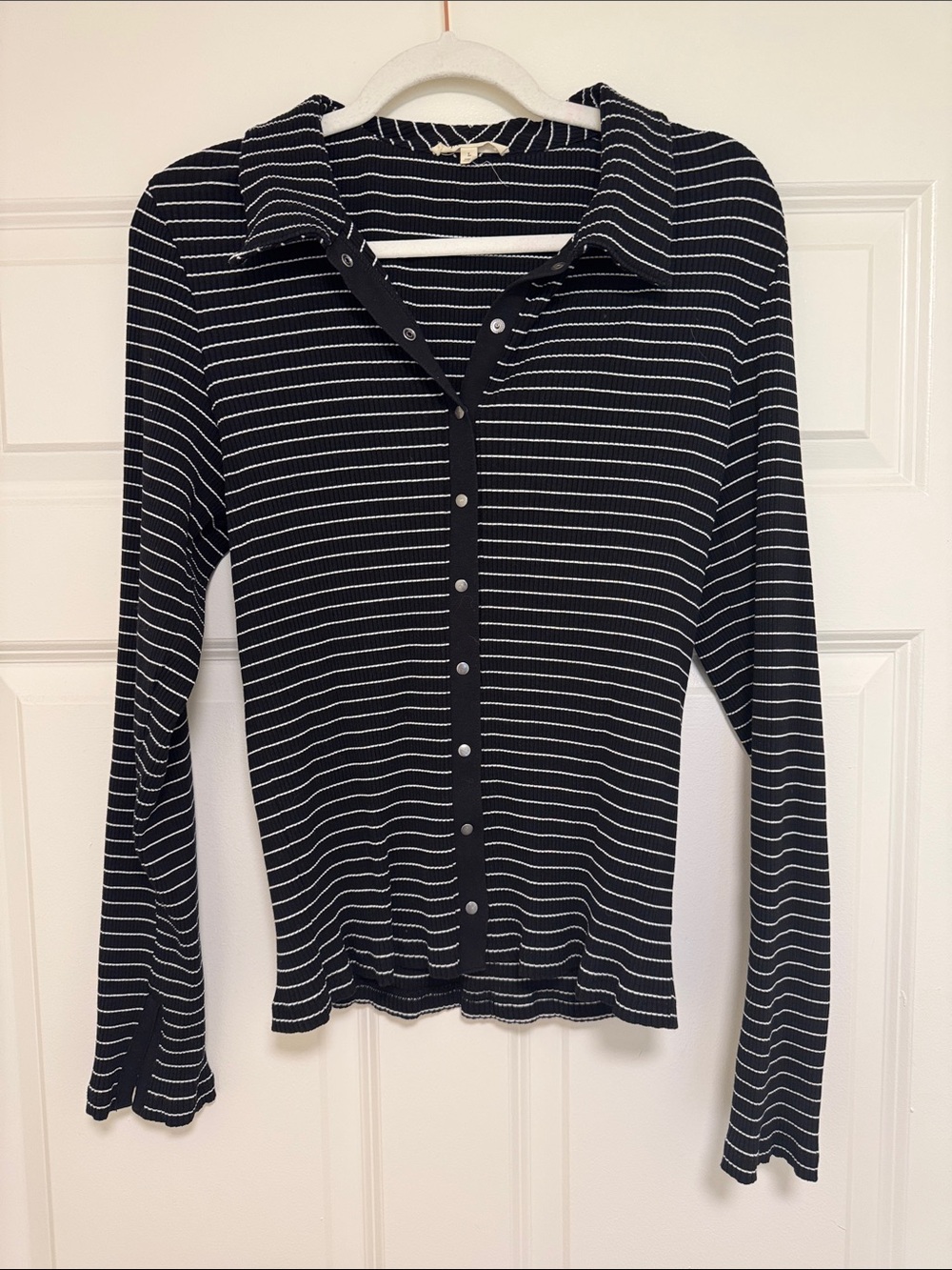 Madewell Black and White Striped Long-Sleeve Polo Button-Front Top